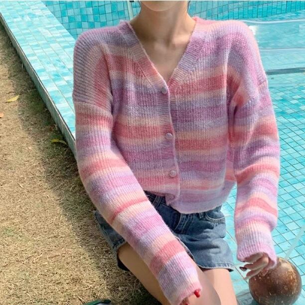 NT-0214 ピンク ボーダー ニット セーター カーディガン レディース