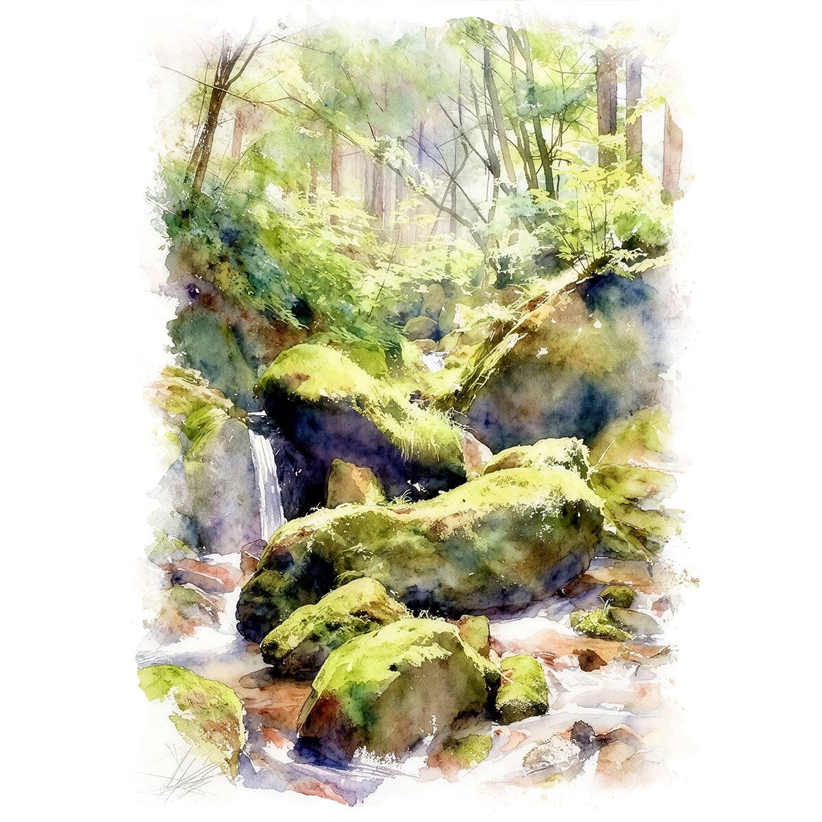 絵画(風景画) 日本 東京都 奥多摩の川 インテリアアート額付き 水彩画