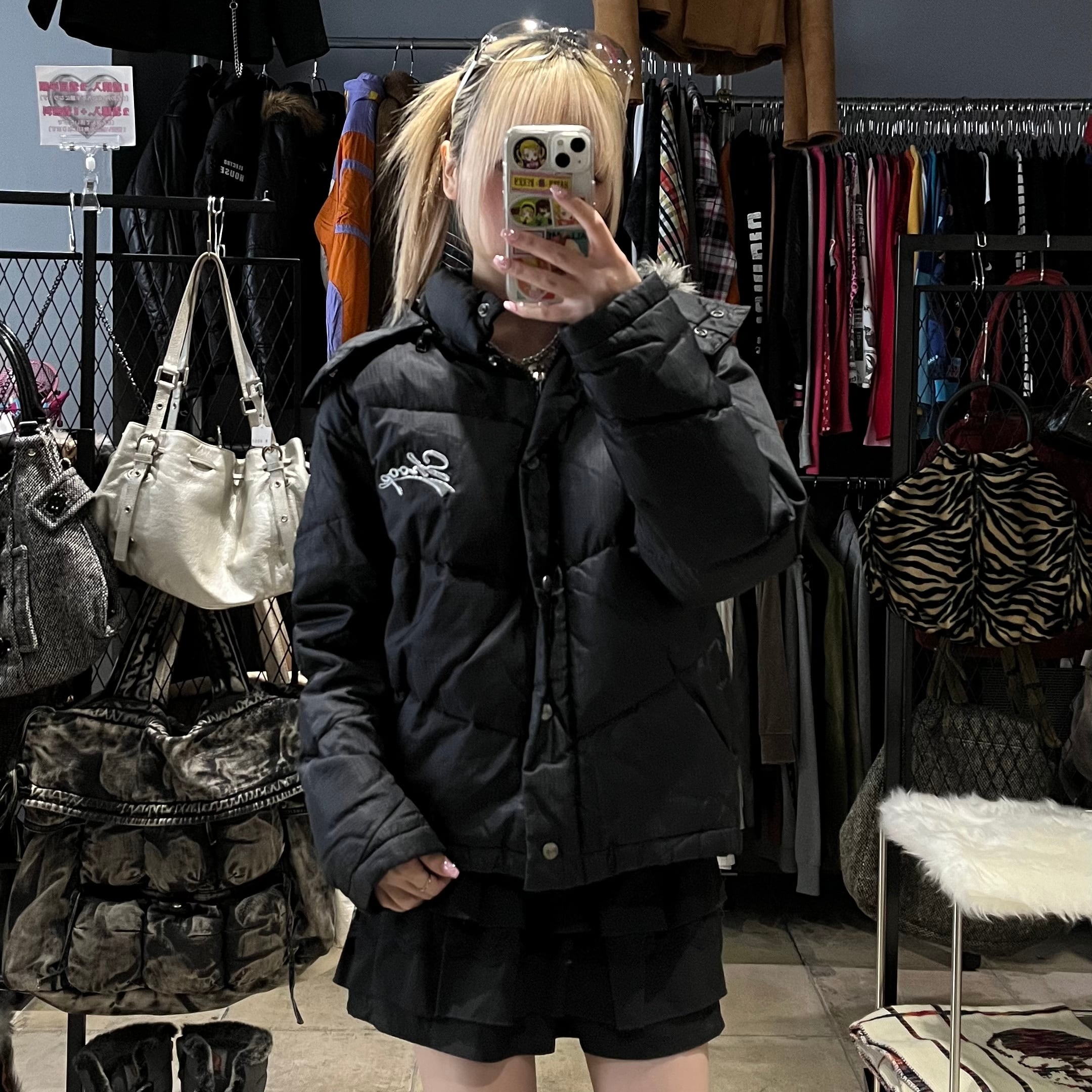 Y2K ファーダウンジャケット ブラック ショート | 古着屋 PINK