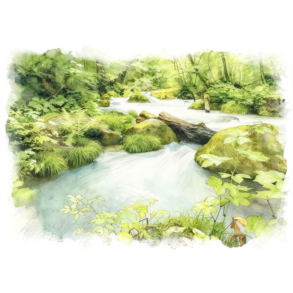 絵画(風景画) 日本 新緑の奥入瀬渓流 インテリアアート額付き 水彩画