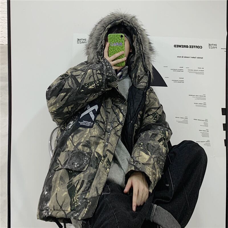 送料無料】KOREAファーつきフード迷彩柄ジャケット ブルゾン メンズ