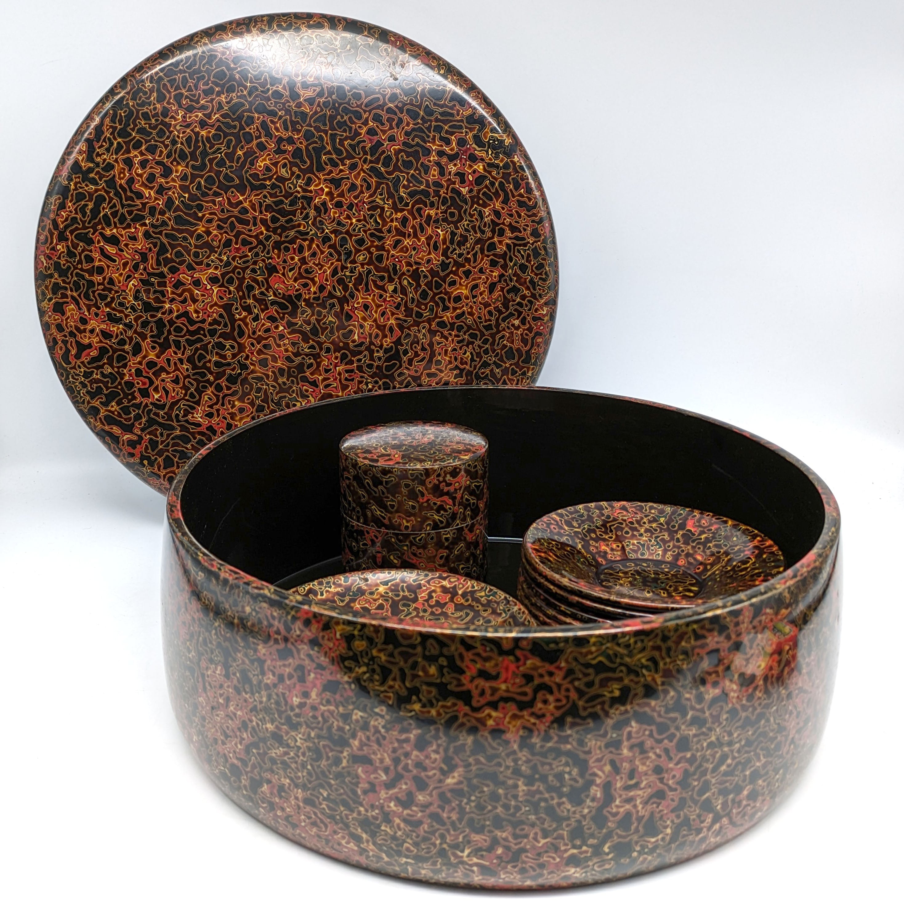 津軽塗（唐塗）バカ塗り・茶櫃・茶筒・茶托・菓子皿セット・No.240120