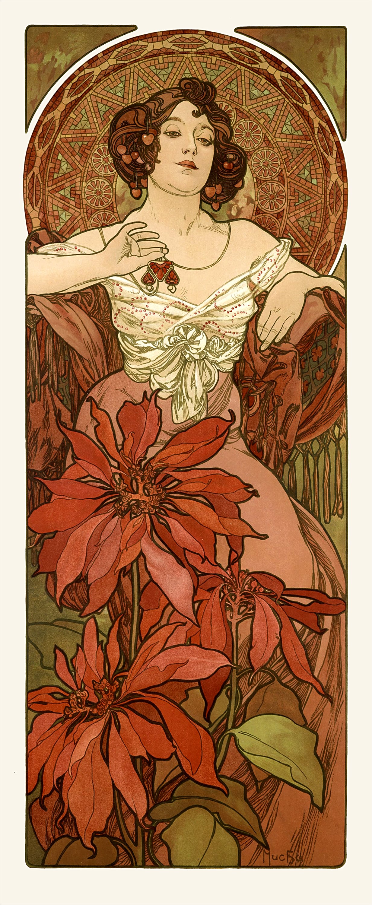 ミュシャ『四つの宝石：ルビー』 リトグラフ・送料無料・新品額装・UV