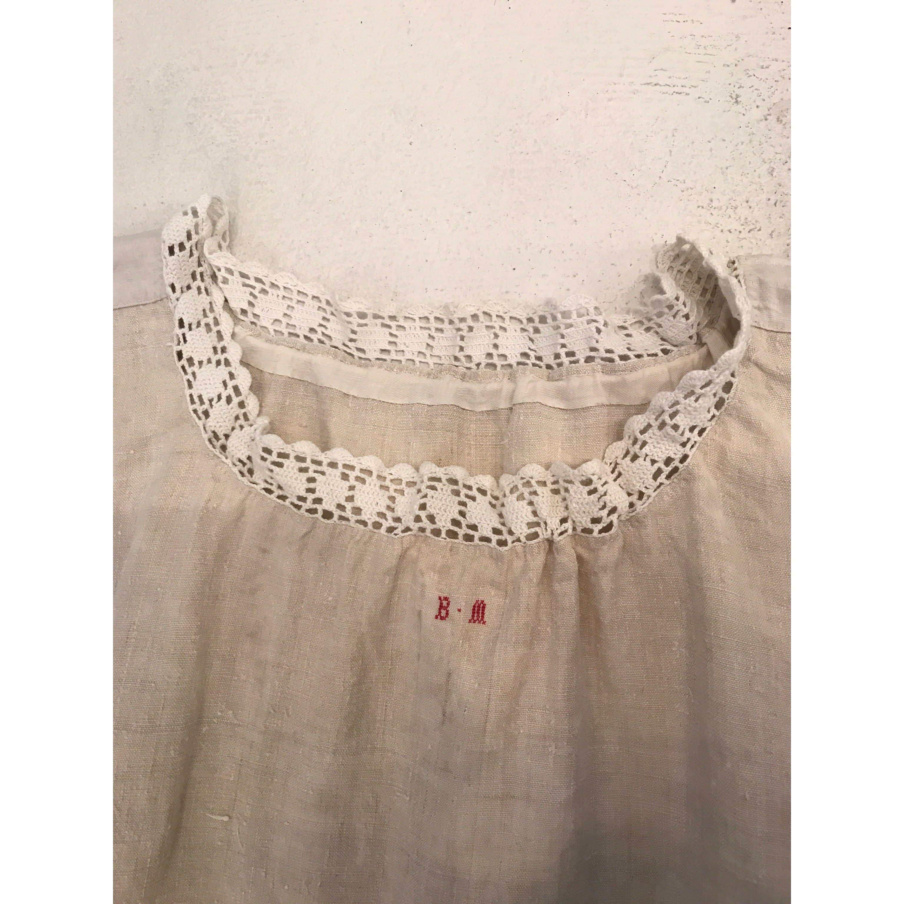 フランスアンティーク リネンワンピース レース イニシャル刺繍