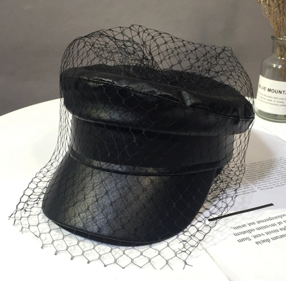 レザー ベール付き キャップ キャスケット ファッション帽子