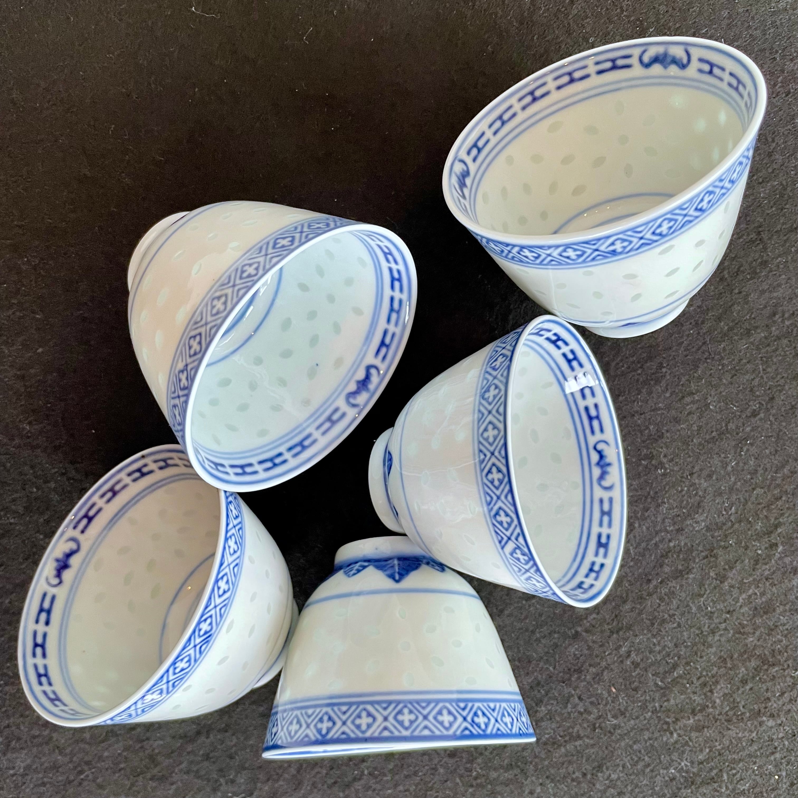 China Vintage 景徳鎮 中国 茶器 青花 玲瓏 湯呑 5客揃 ホタル 蛍焼