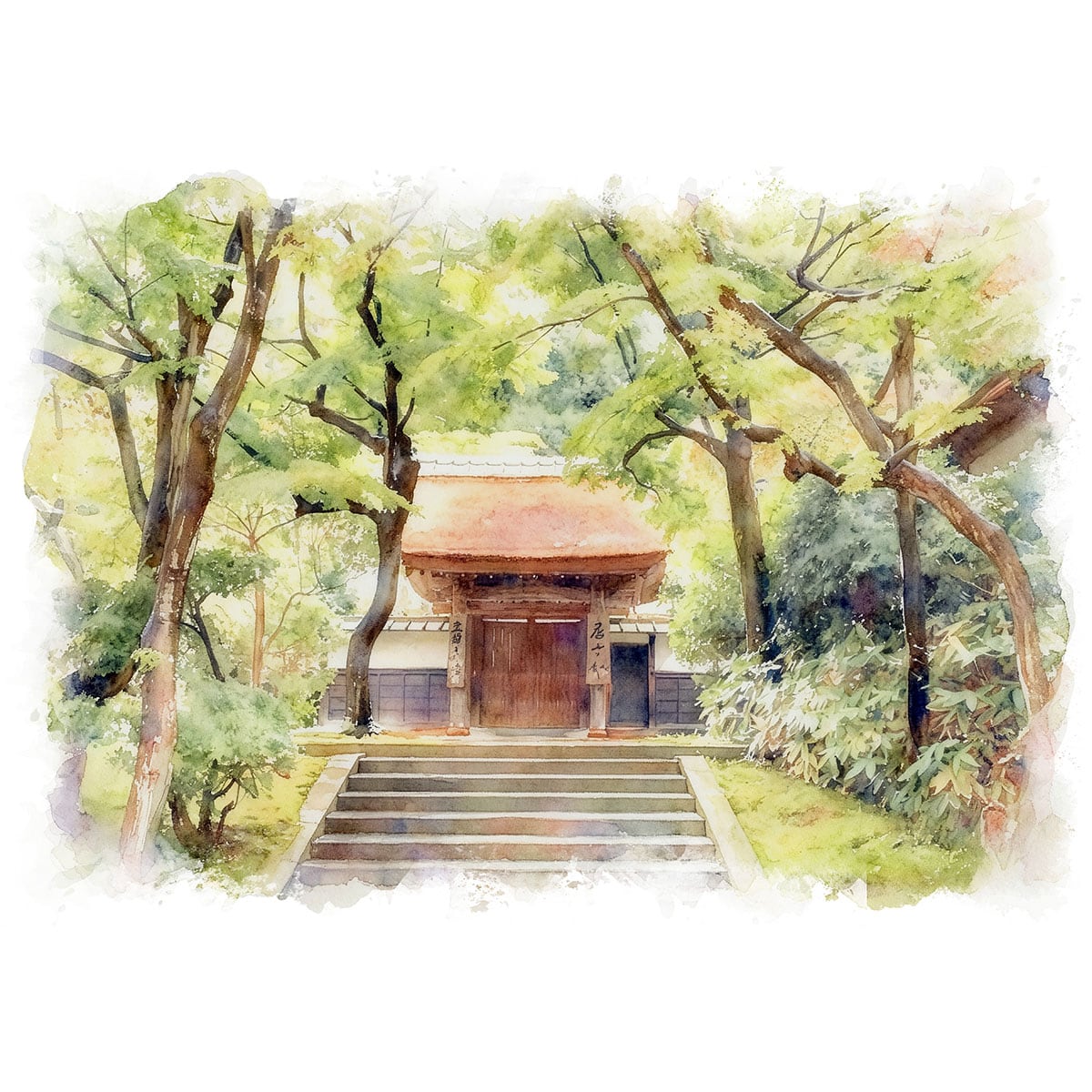 絵画 日本 神奈川県 円覚寺 風景画 インテリアアート額付き 水彩画