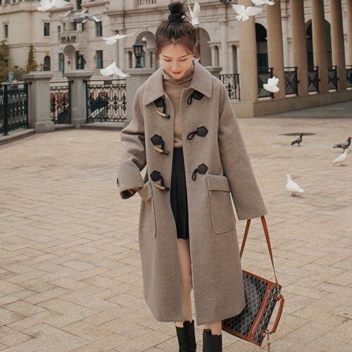 ダッフルコート レディース 秋冬新作 ミドル丈 ヘリンボーン柄