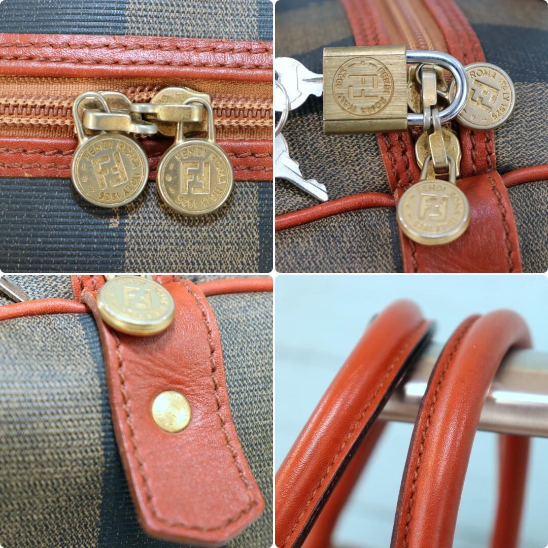 FENDI フェンディ ボストンバッグ ストライプ 茶色×カーキ 本革 PVC