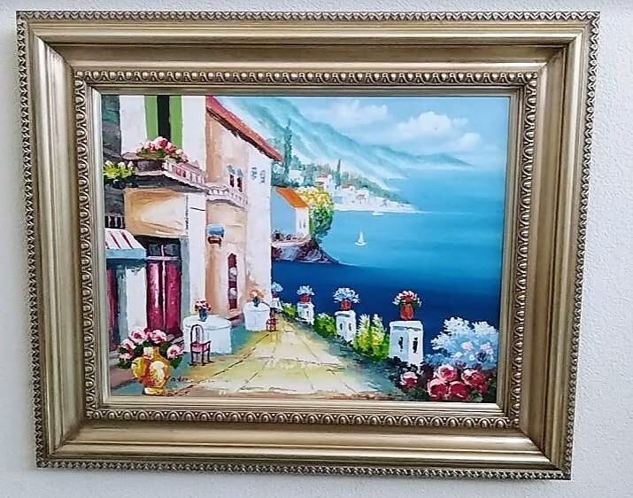 矢田晃「オンフルール湖のカフェ通り 」 油彩画 額縁外寸55.5x46.5x5