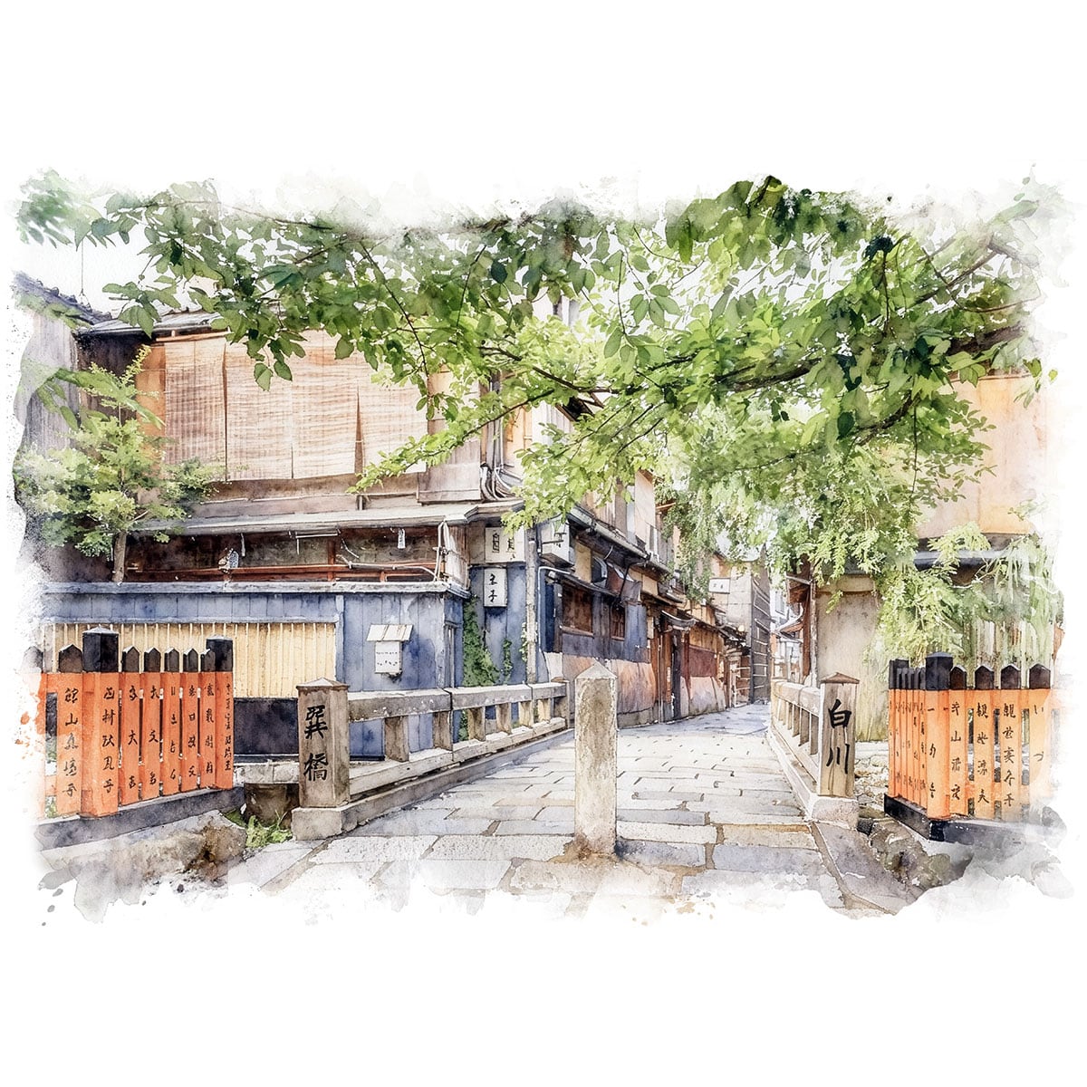 絵画 日本 京都府 祇園 巽橋 風景画 インテリアアート額付き 水彩画