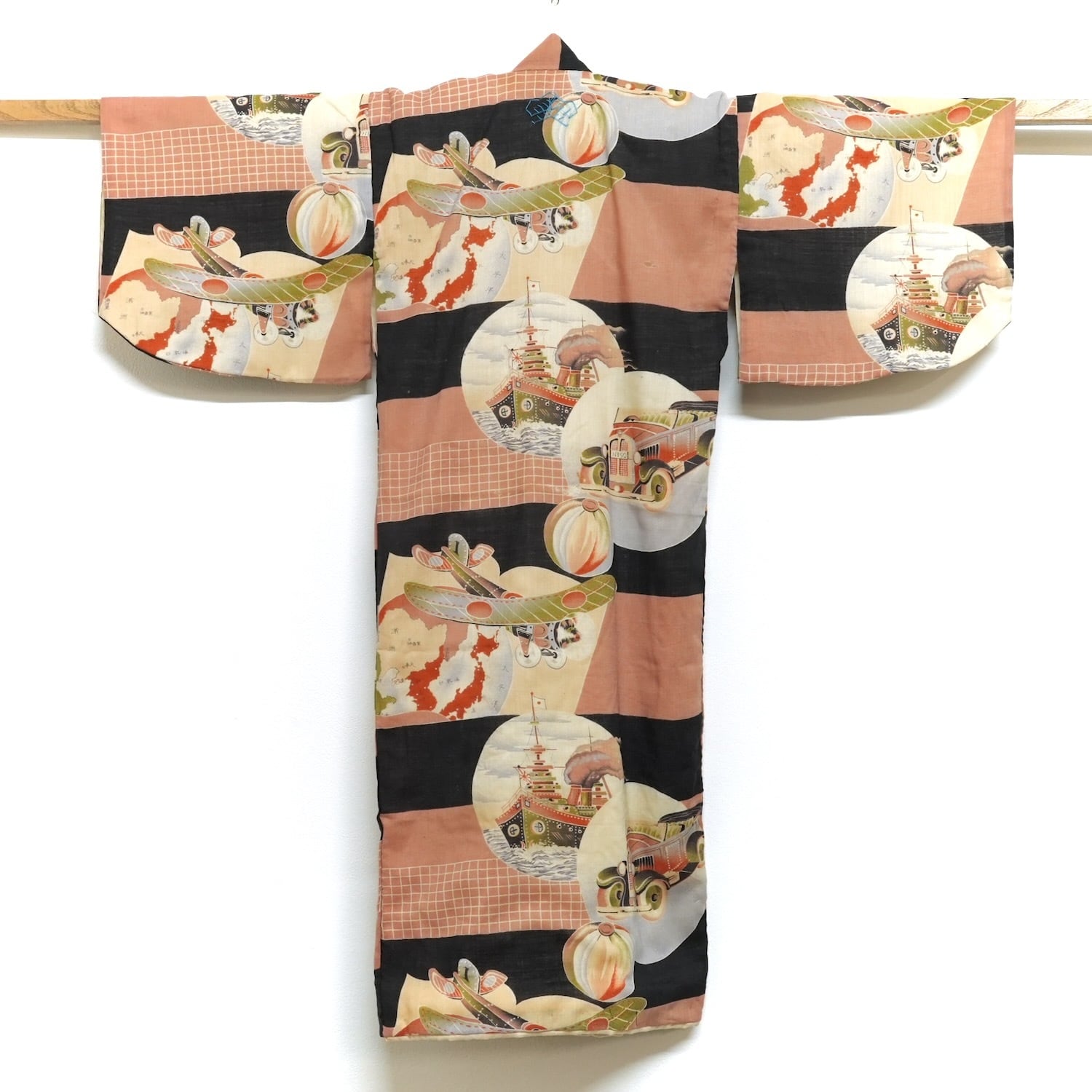 4289 こども着物 戦争柄 満州 戦艦 飛行機 背守り モスリン（ウール