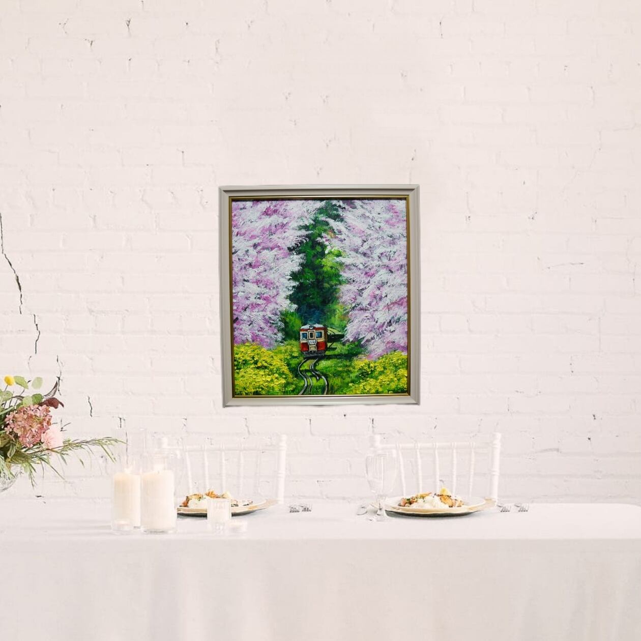 油絵 油彩 油彩画 絵 絵画 【桜と菜の花の鉄道】 | HIROSHI1990