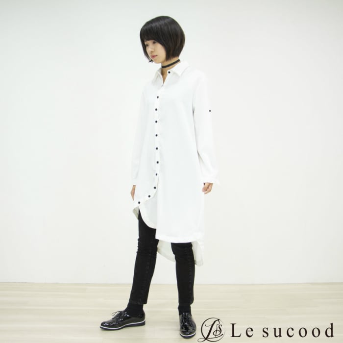 Le sucood】アシンメトリー ロング シャツ モード 全二色 黒 白 ユニ