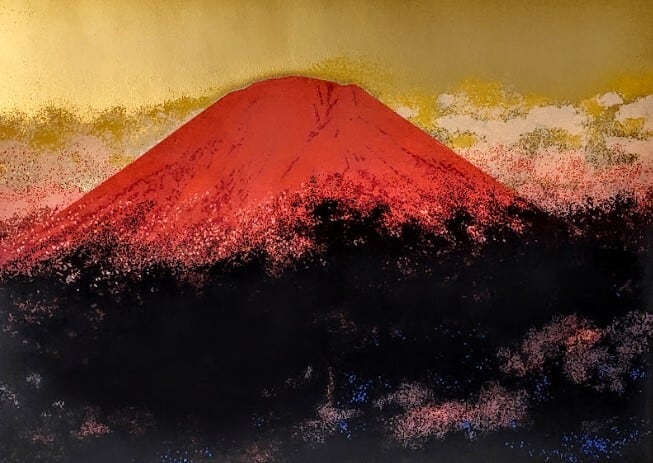 池上壮豊（いけがみそうほう） 「赤富士錦」 シルクスクリーン 額縁外