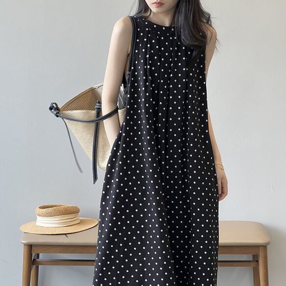 ワンピース 夏 秋 レディース ノースリーブ ロング丈 ドット柄 マキシ