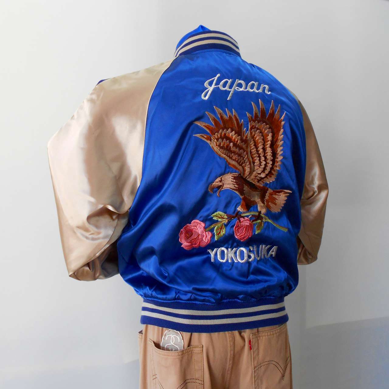 鷹バラ刺繍 スカジャン 紺 L LL Embroidered jumper (SUKAJYAN