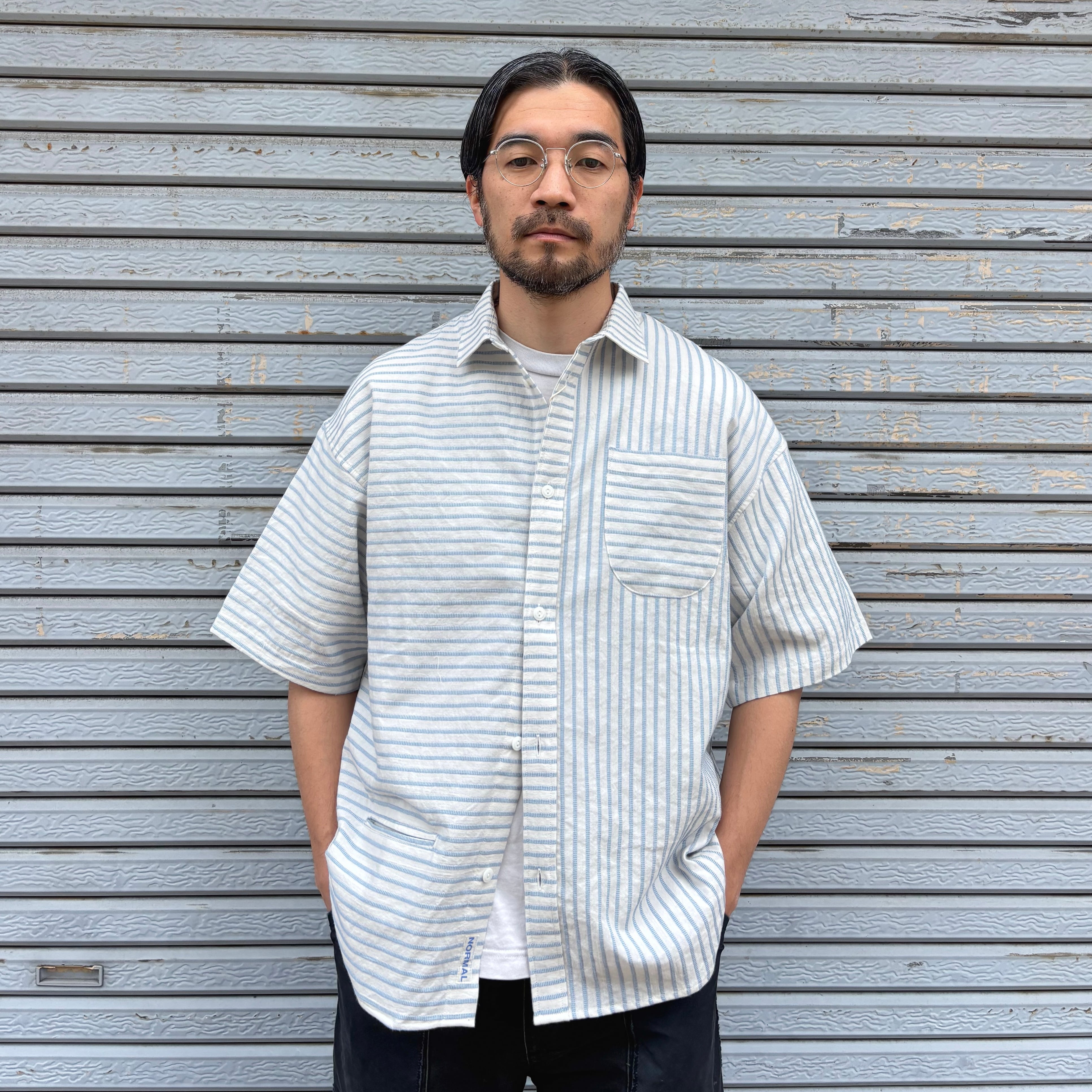 NOROLL NORMAL SHIRT STRIPE S/S - BROWN ブルー / ノーロール