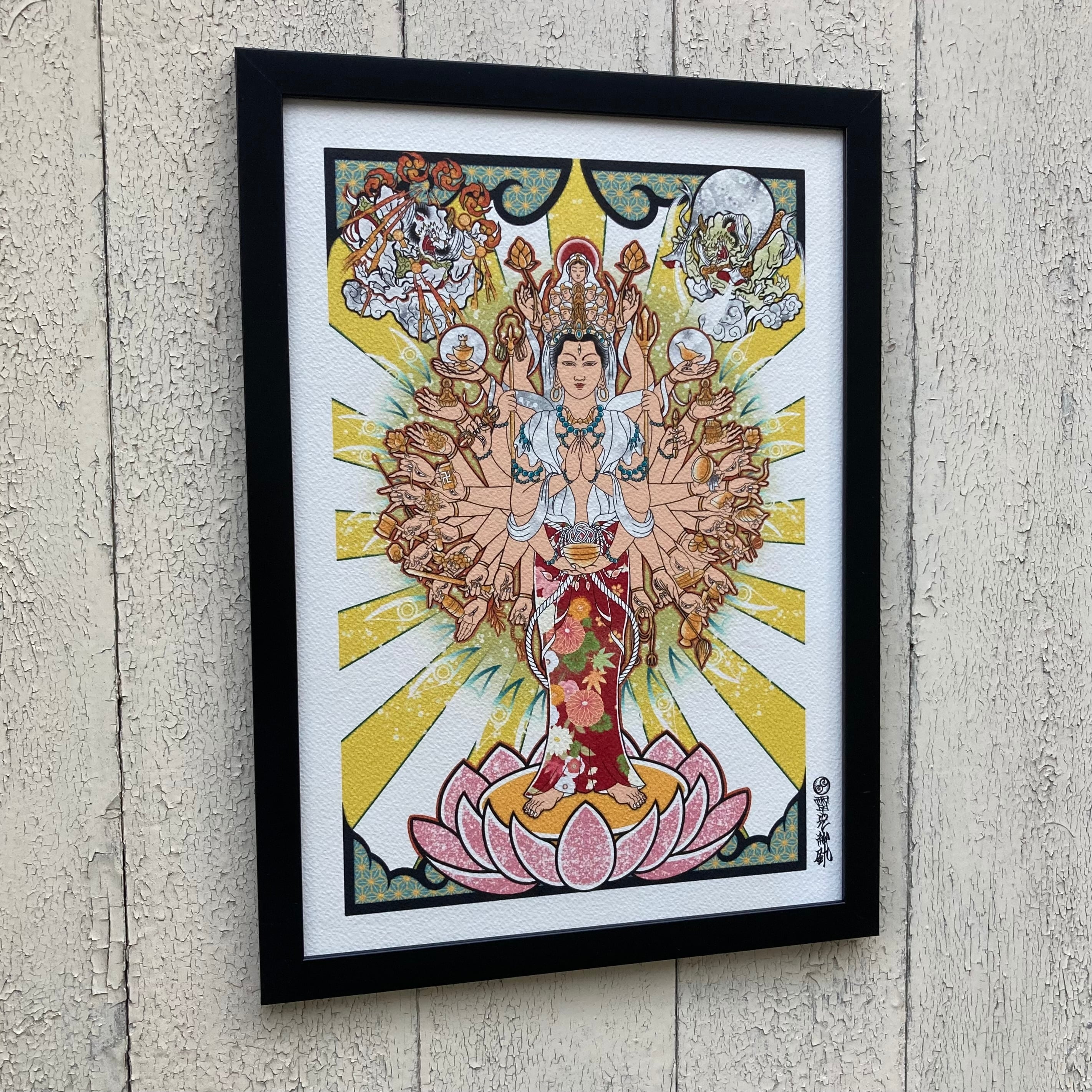 尾九 吉祥画 千手観音風神雷神 A3サイズ フレーム付き | bbqcomic