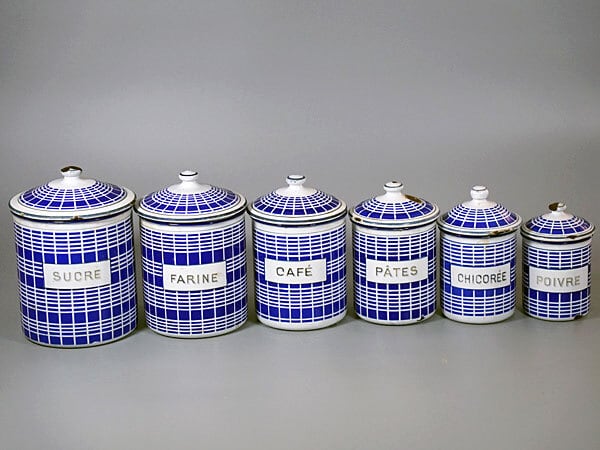 フランス アンティーク ホーロー キャニスター BB社 青ストライプ 6個