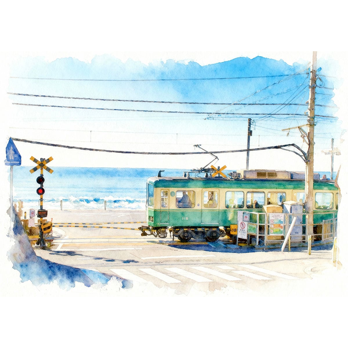 絵画 日本 江ノ電のある風景 鎌倉高校前駅 インテリアアート額付き