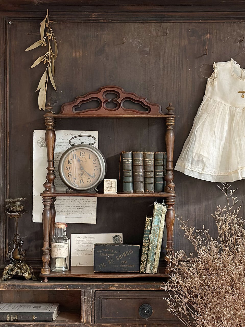 フランスアンティーク木製ブックシェルフ/本棚/飾り棚/食器棚/花台(90