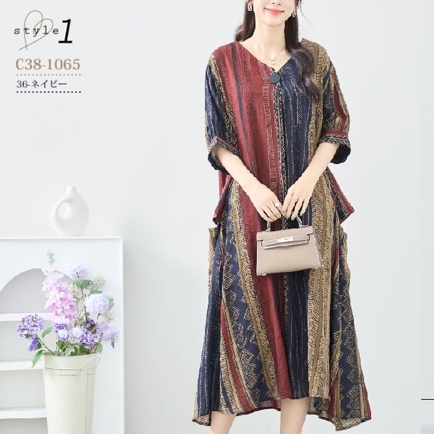 ワンピース 大人可愛い 総柄Vネック ワンボタン TRUBE C38-1065 大きい