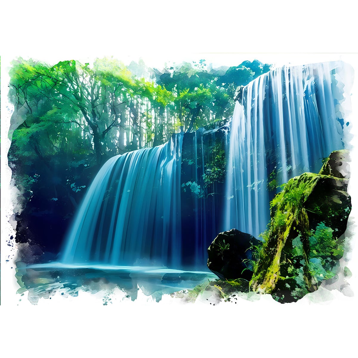 絵画 日本 熊本県阿蘇 鍋ヶ滝の風景 インテリアアート額付き 水彩画