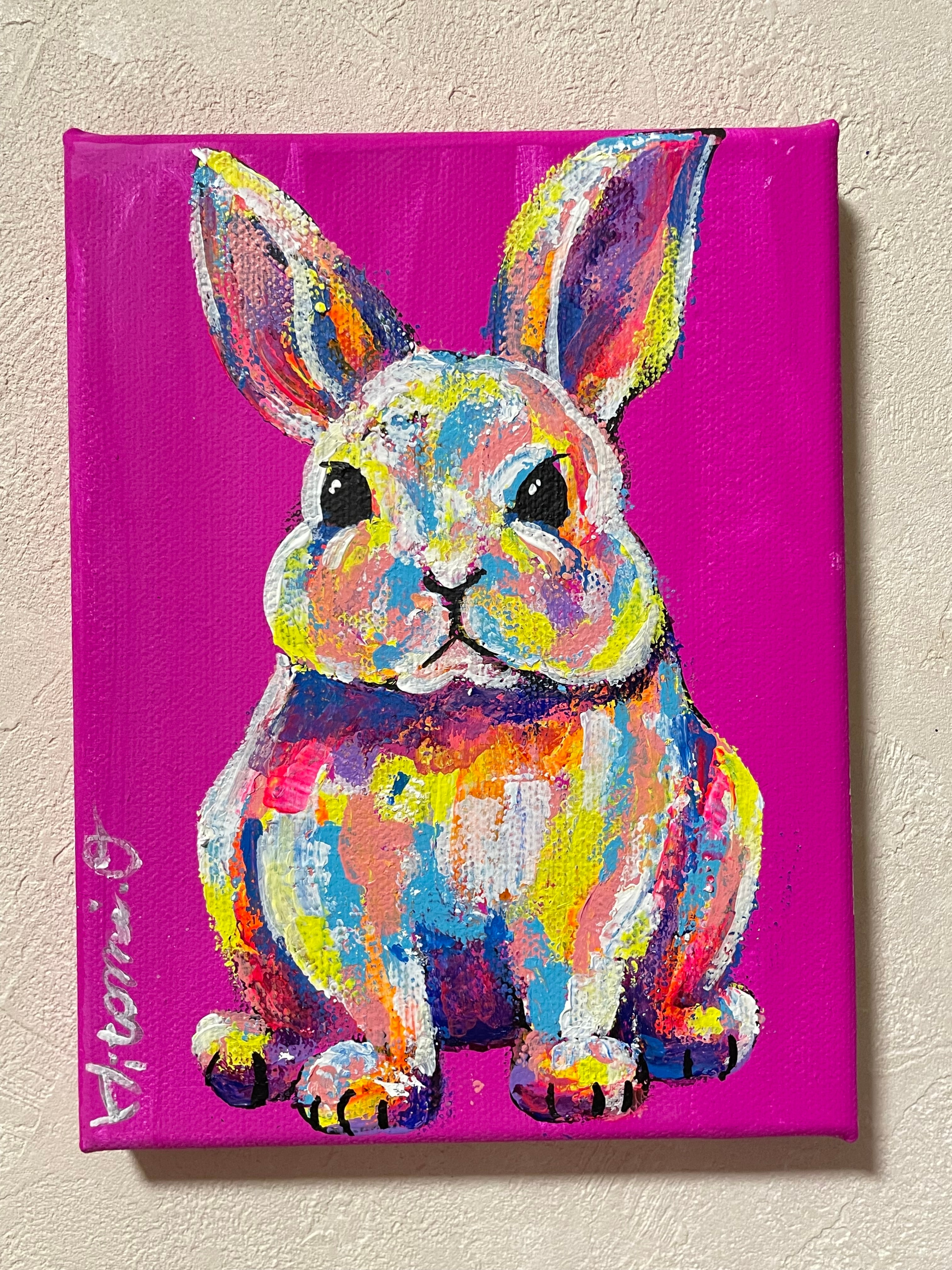 A-174/24】動物画 ウサギ 絵画 キャンバス 真作 インテリア 作品証明