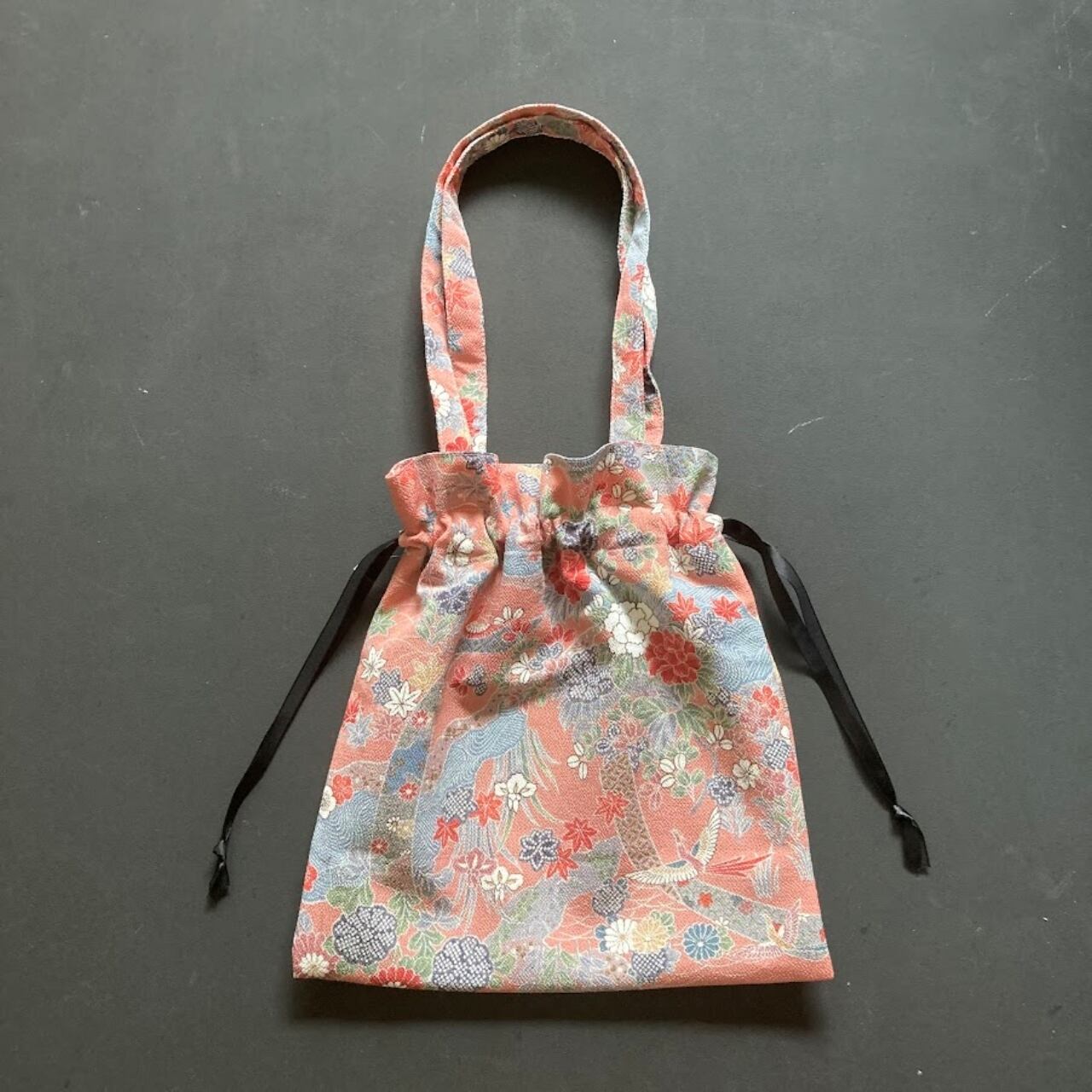 きんちゃくキモノトート PINKちりめん 着物リメイク 日月堂オリジナル