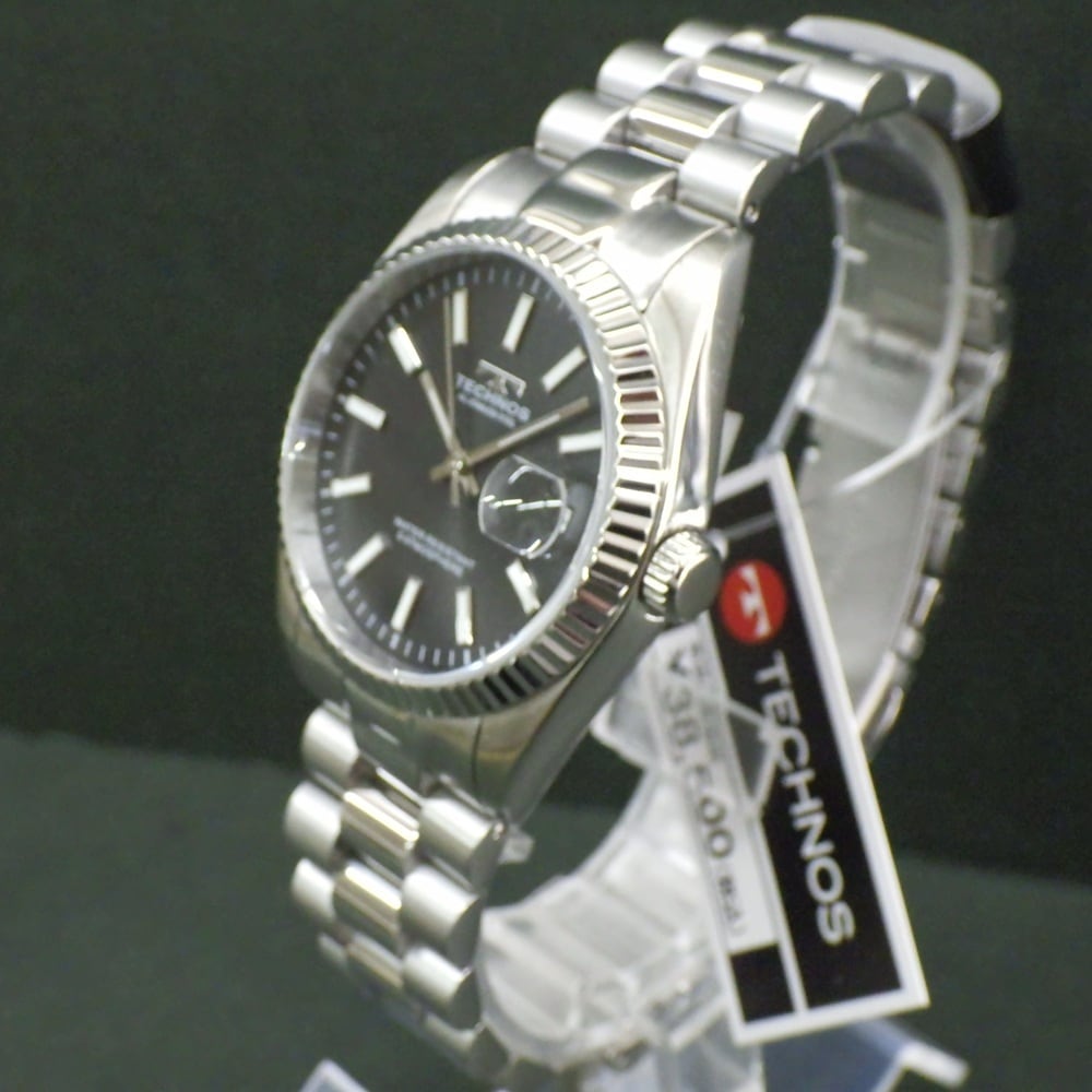 TECHNOS テクノス T9C25SB ブラック文字盤 ステンレス3連ブレス