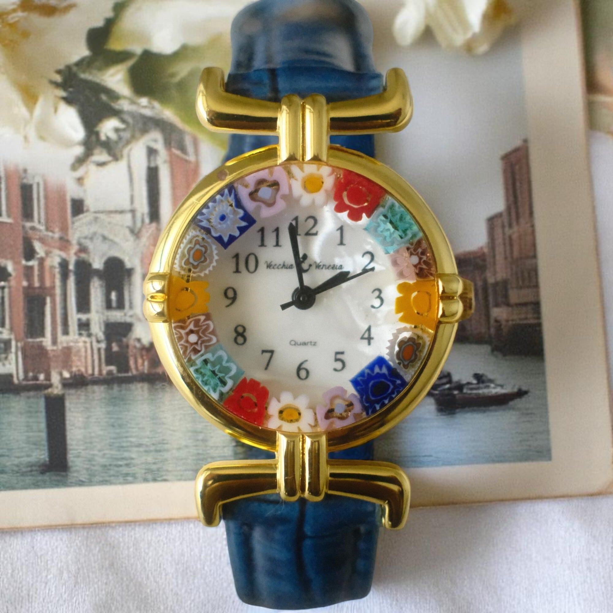 Murano Millefiori Watch With Leather Band - Navy | flemington