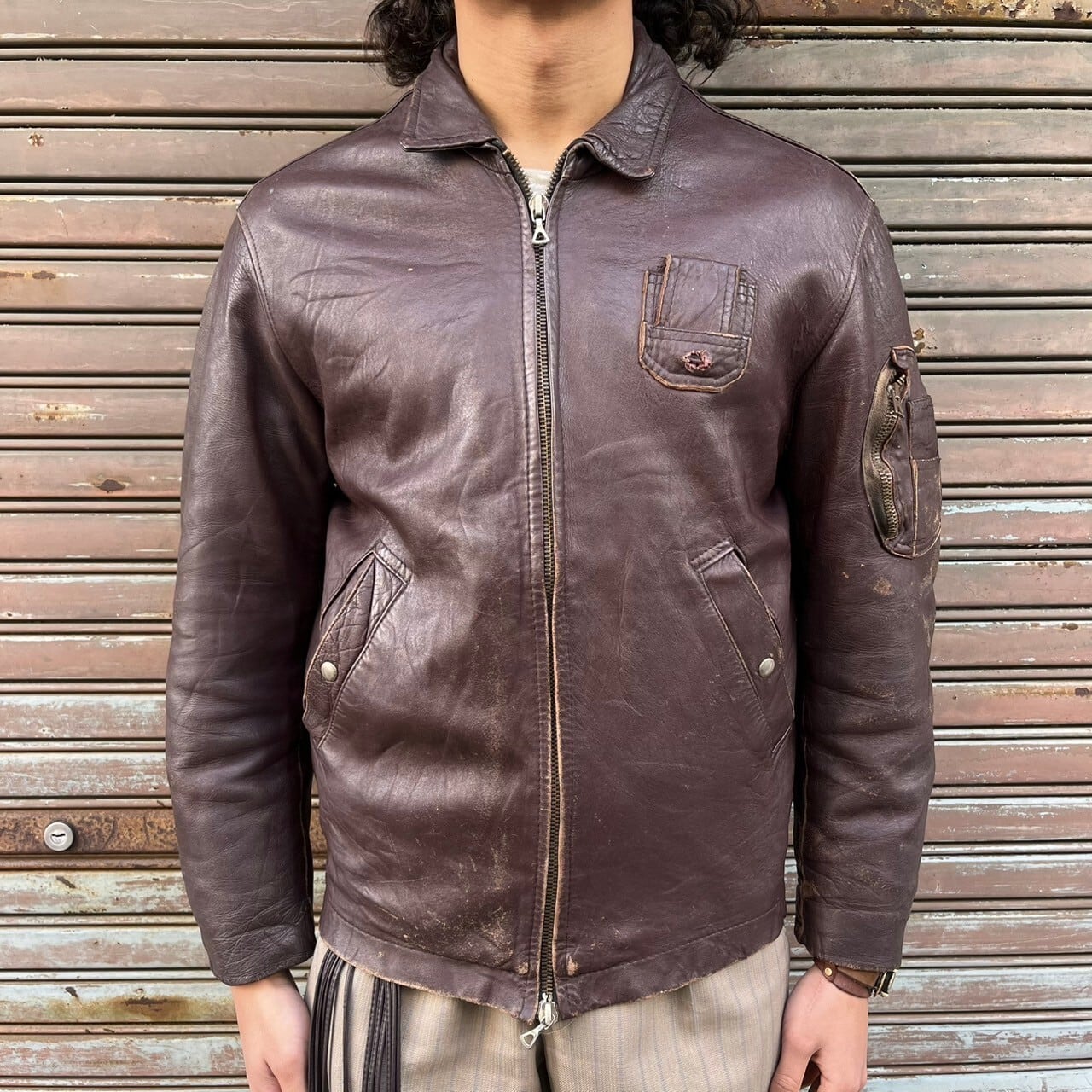 希少 60s フランス軍 ヴィンテージ 空軍 パイロット ブラウン レザー