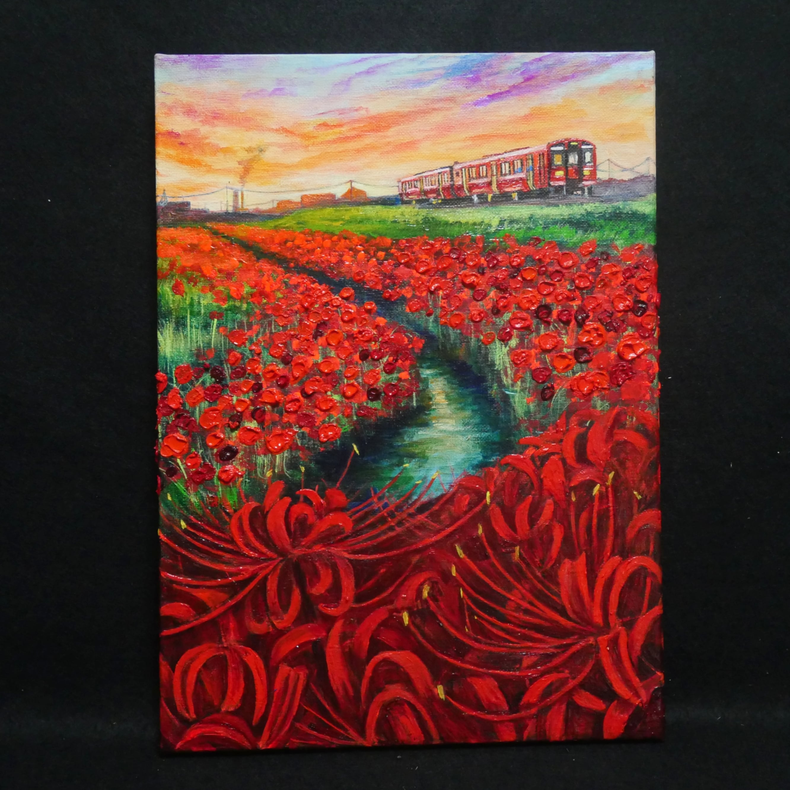 油絵 油彩 油彩画 絵画【彼岸花と赤い電車】 | HIROSHI1990
