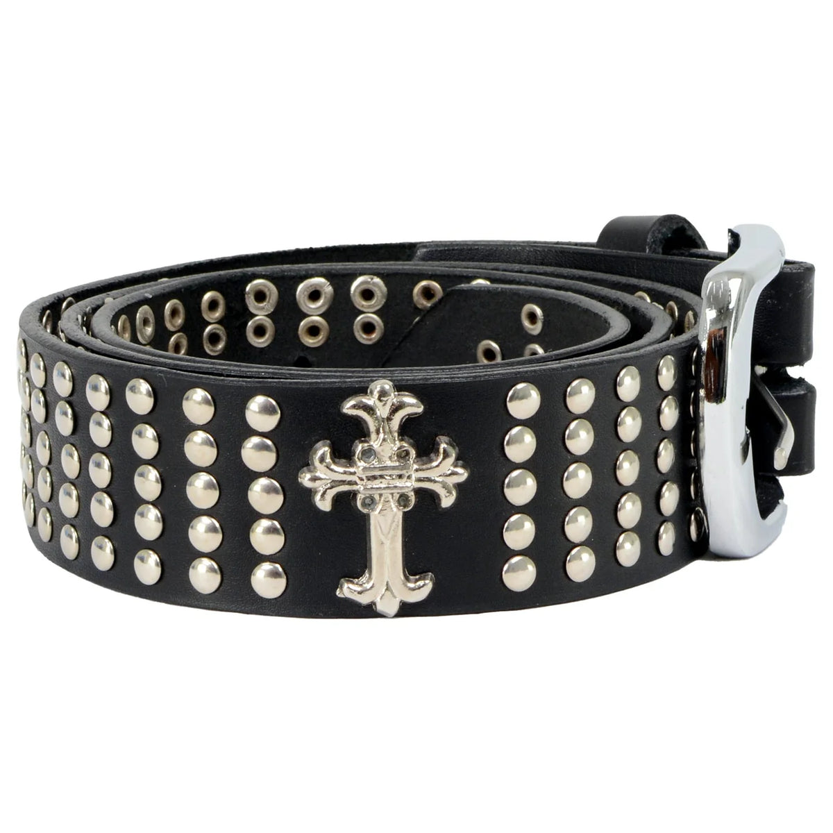 Men's Cross and Stud Black Genuine Leather Biker Belt with