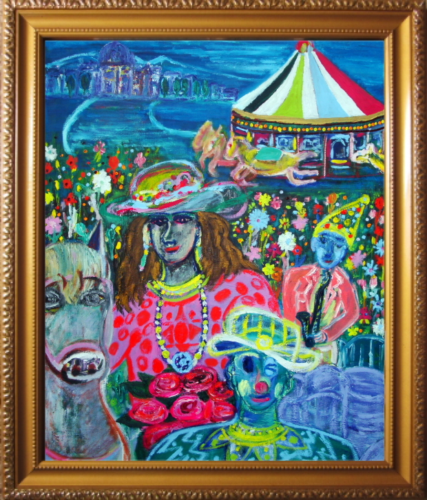 油絵 菅家令子絵 絵画インテリア額付(青緑＋金色の枠) uF6-061404果物