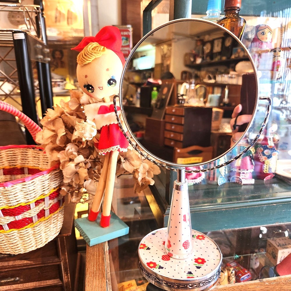 昭和レトロポップ 花柄の卓上スタンドミラー(メイクミラー) - [Sold
