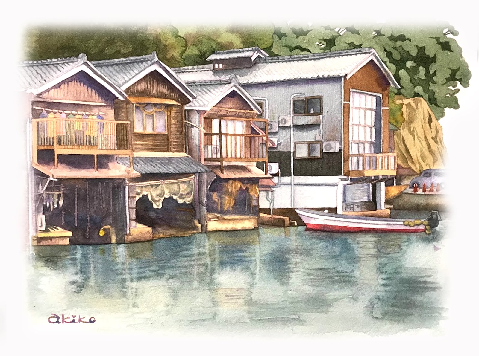 水彩】京都 伊根の舟屋-AkikoTakemotoのARTな関係
