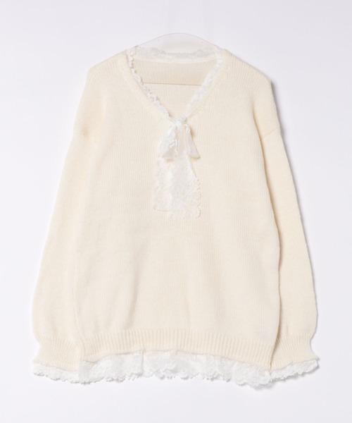 セール】2種類選ぶ 異素材ドッキング vネックレースリボンニット