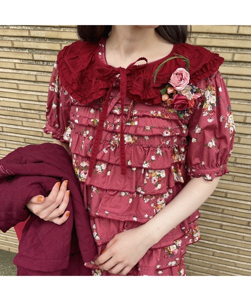 せ*ら様 ピンクハウス＊ブッシュローズ柄＊赤いフリル長袖ブラウス せ