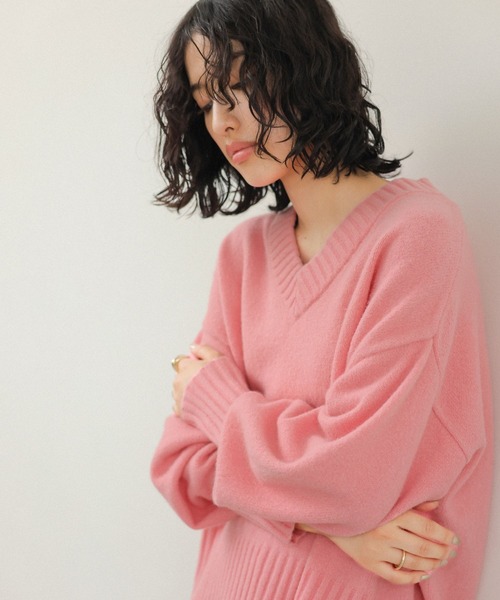 セール】5ゲージアンゴラMIXｰVネック 130134（ニット/セーター