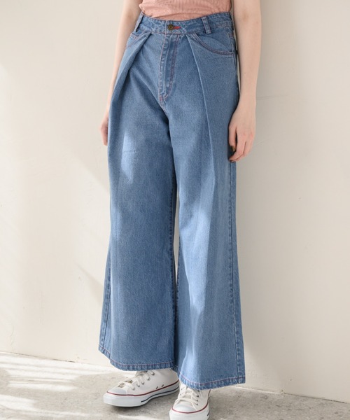 idem（イデム）の「heart tuck wide denim/タックデニムパンツ【S