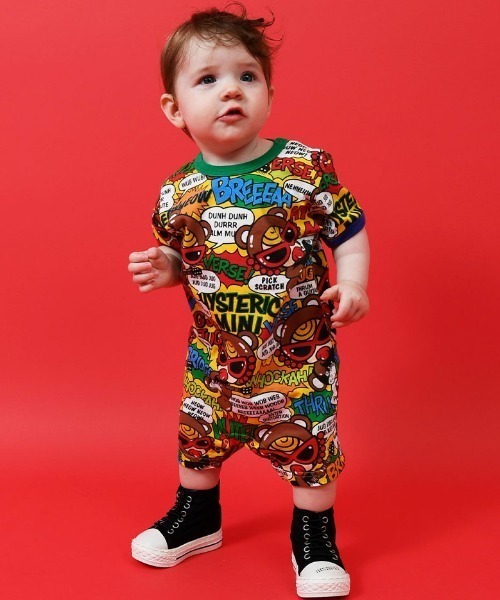 HYSTERIC MINI（ヒステリックミニ）の「TEDDY ROCKS総柄半袖ロンパース