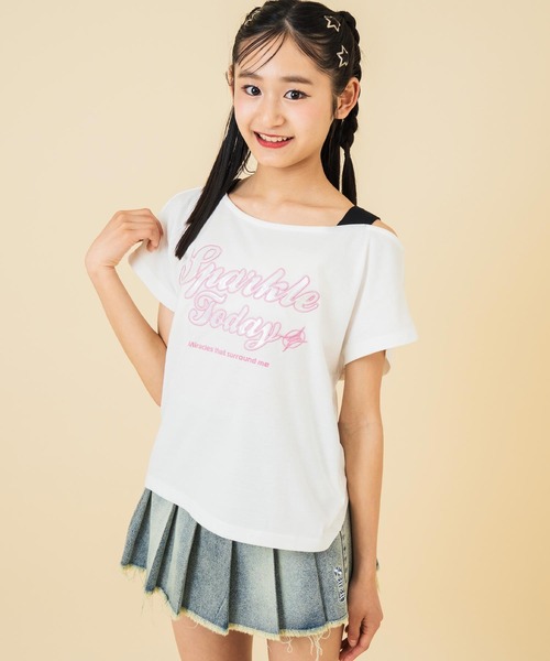 セール】アシンメトリー 肩アキ オーロラワッペン Tシャツ トップス