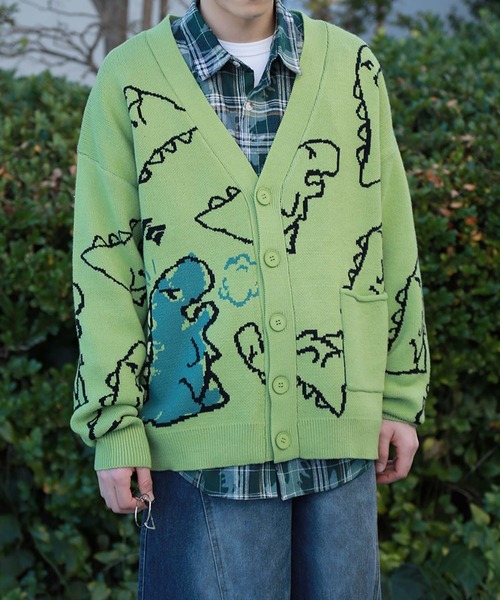 セール】【HOOK】落書き恐竜イラスト カーディガン（カーディガン