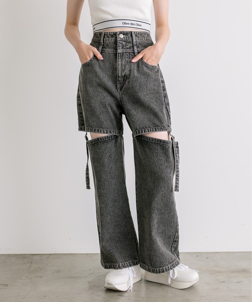 OLIVE des OLIVE（オリーブデオリーブ）の「サイドベルト肌見せデニム