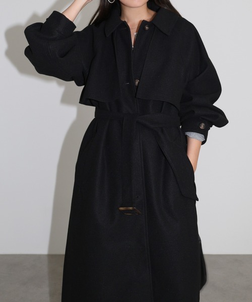セール】【新色追加】ベルト付きフェイクウールロングコート（ステン