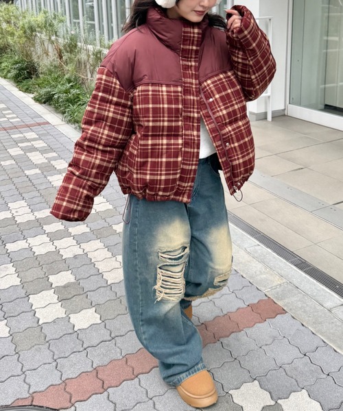 セール】チェック切り替えダウンジャケット（ダウンジャケット/コート