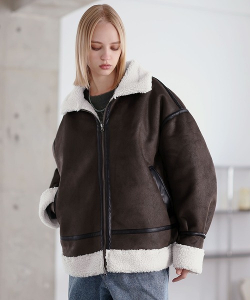 ダブルジップ裏ボアフェイクムートンジャケット（ムートンコート