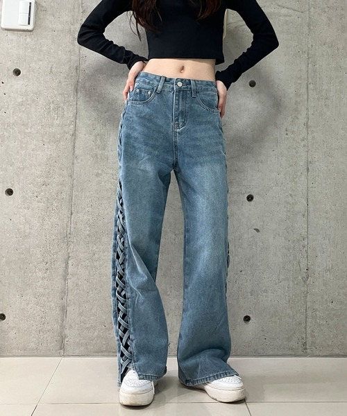 セール】サイドレースアップデニムストレートパンツ（デニムパンツ